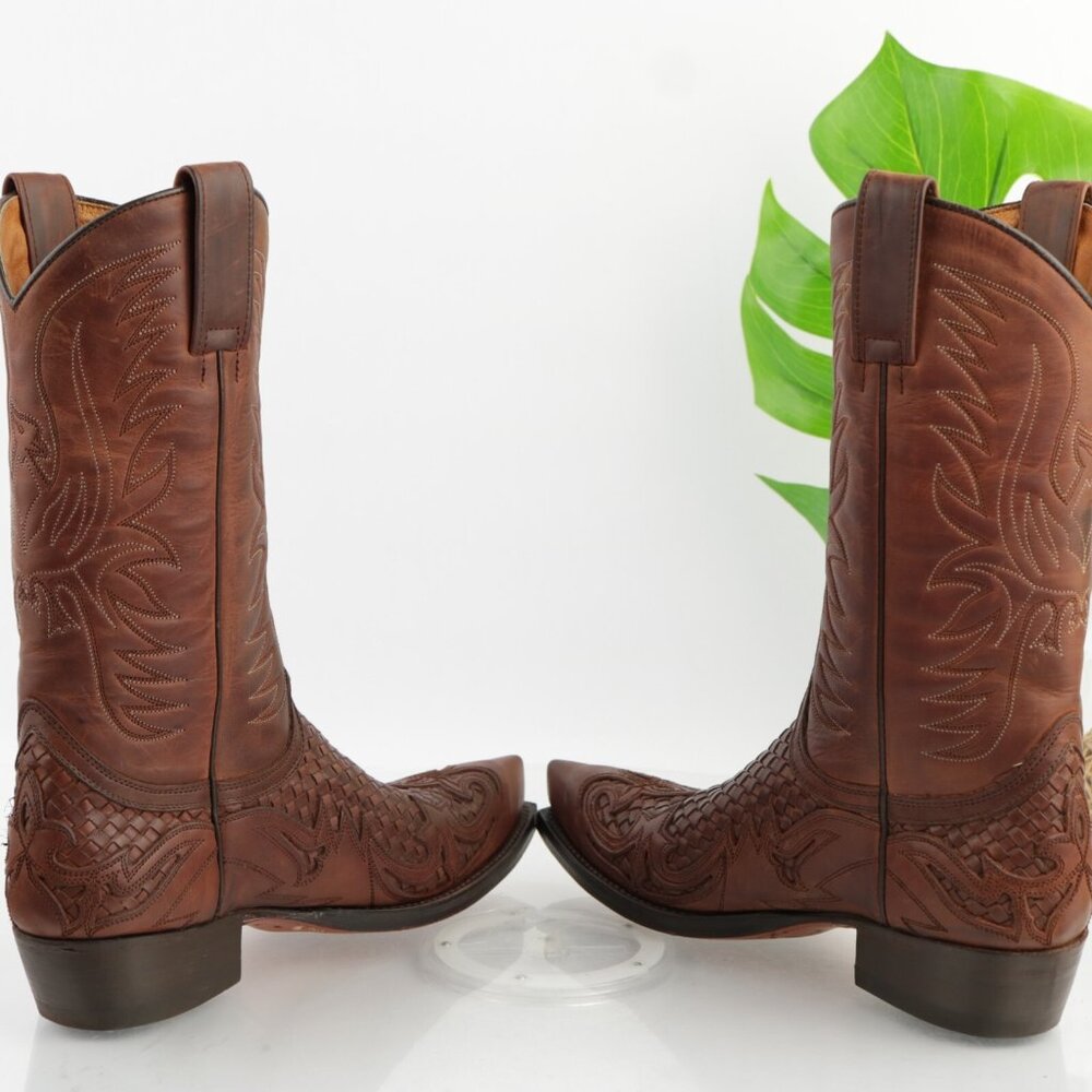 Sendra Mens Cowboy Boots Size 7 Brown Leather Embroidered Woven Snip Toe Western - Picture 9 of 16